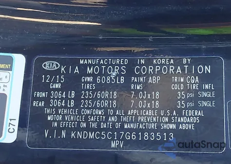 2016 Kia Sedona Ex из США, поврежденный, VIN KNDMC5C17G6183513